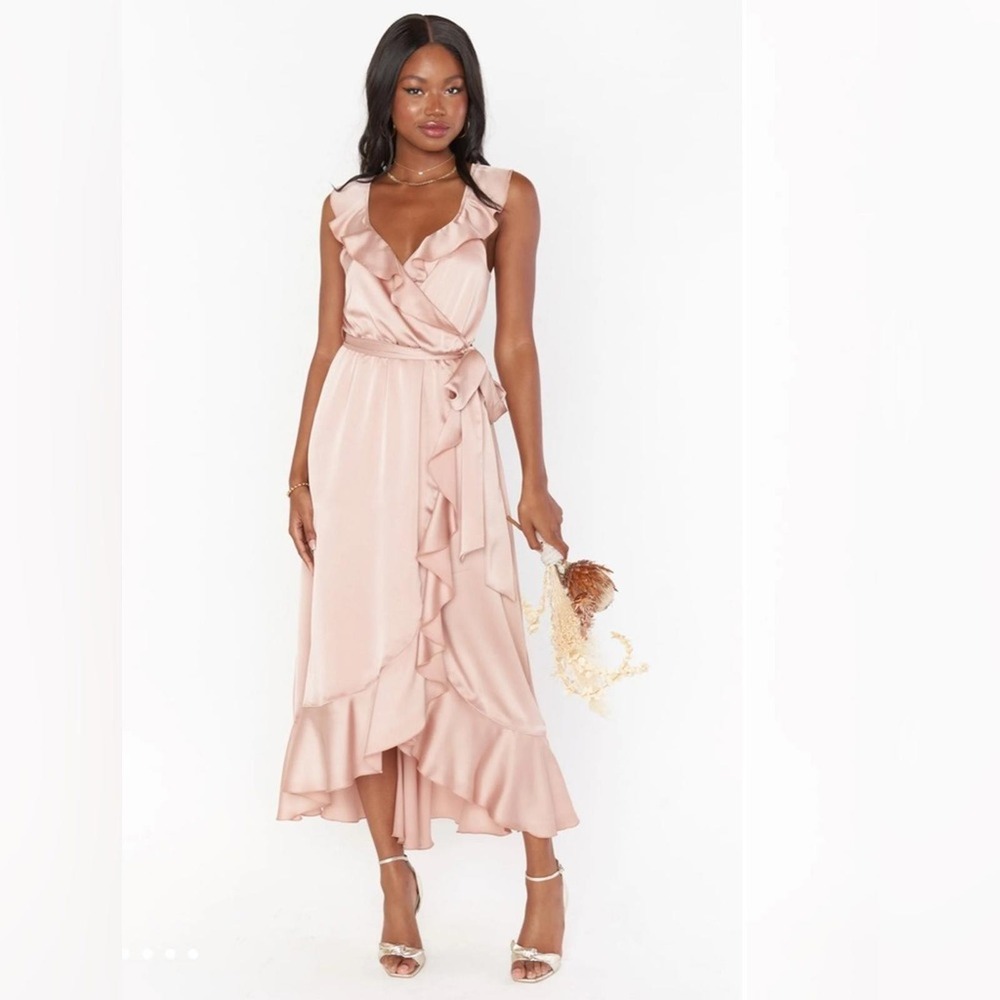 Show Me Your Mumu Size M Samantha Ruffle Wrap Dress In Rose Gold Luxe Satin